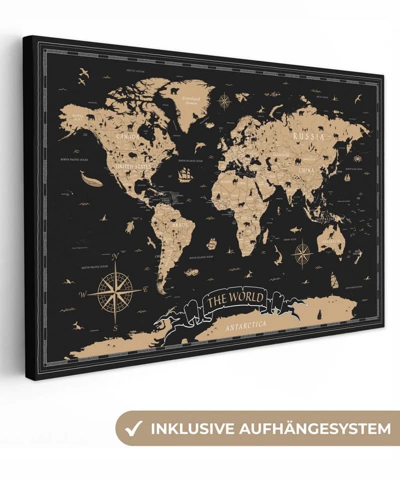 OneMillionCanvasses® Leinwandbild Weltkarte Beige Schwarz Fotodruck - Bild 2