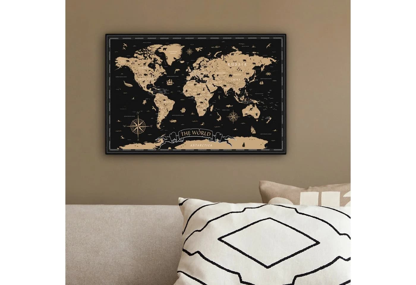 OneMillionCanvasses® Leinwandbild Weltkarte Beige Schwarz Fotodruck - Bild 4