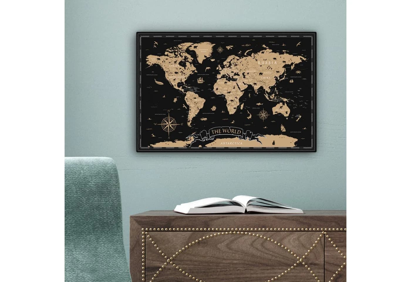 OneMillionCanvasses® Leinwandbild Weltkarte Beige Schwarz Fotodruck - Bild 5