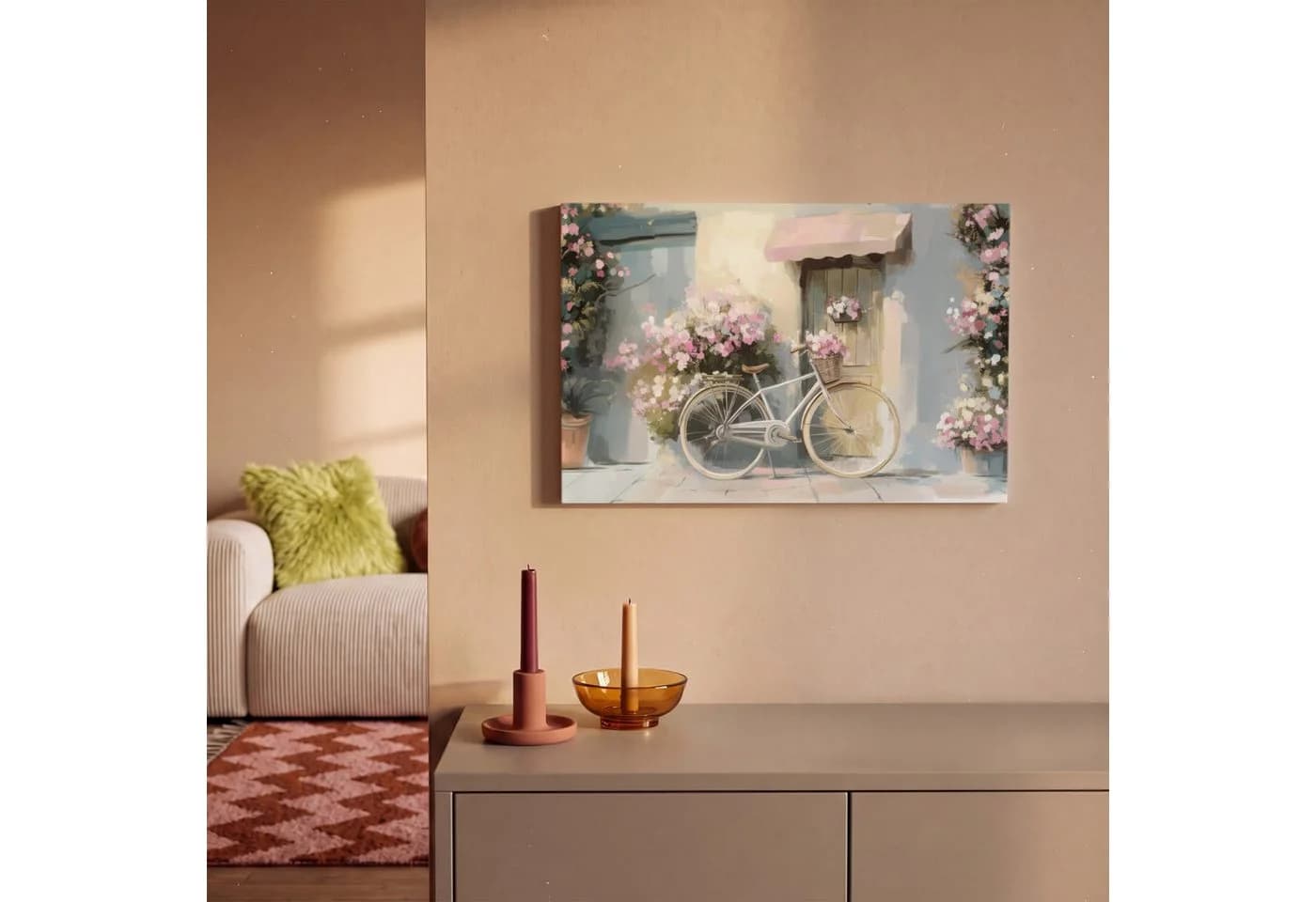 OneMillionCanvasses® Leinwandbild Fahrrad Pastellfarben Blumen Fotodruck 30x20 cm