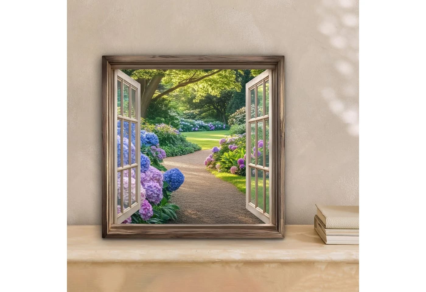 OneMillionCanvasses® Leinwandbild Garten mit Hortensien Blau/Rosa