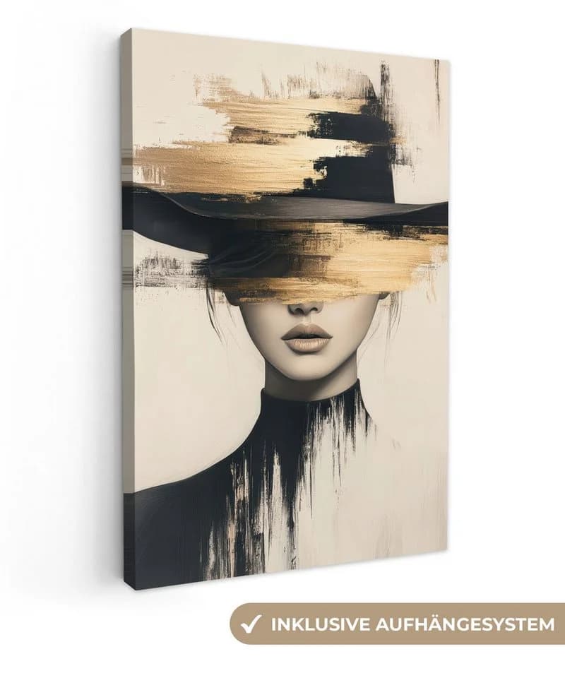OneMillionCanvasses® Leinwandbild Frau Hut Beige Gold Wanddekoration - Bild 2