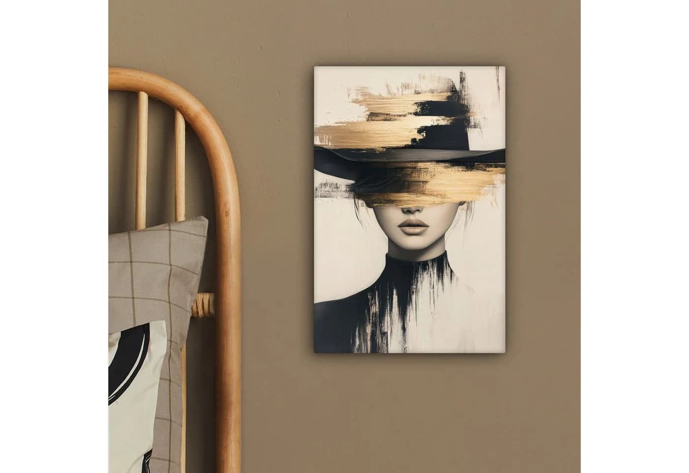 OneMillionCanvasses® Leinwandbild Frau Hut Beige Gold Wanddekoration - Bild 4