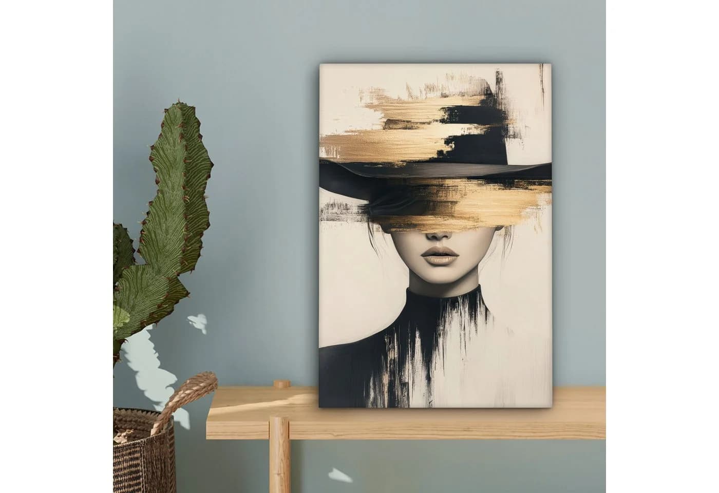OneMillionCanvasses® Leinwandbild Frau Hut Beige Gold Wanddekoration - Bild 5
