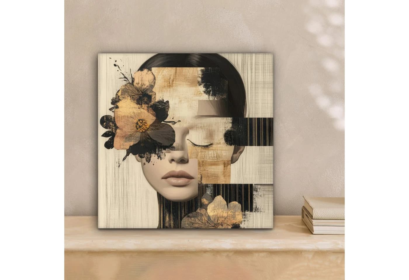 OneMillionCanvasses® Leinwandbild Frau mit Blumen Schwarz Gold
