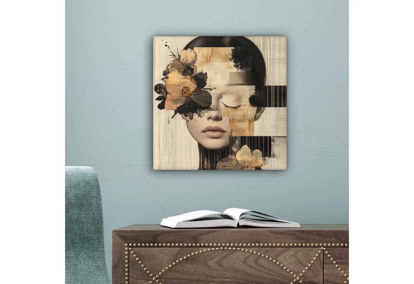 OneMillionCanvasses® Leinwandbild Frau mit Blumen Schwarz Gold - Bild 5