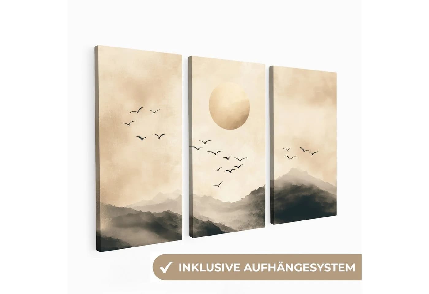 MuchoWow Leinwandbild Landschaft Japandi Beige Vögel Fotodruck 3er-Set Wandbilder 60x40 cm - Bild 2