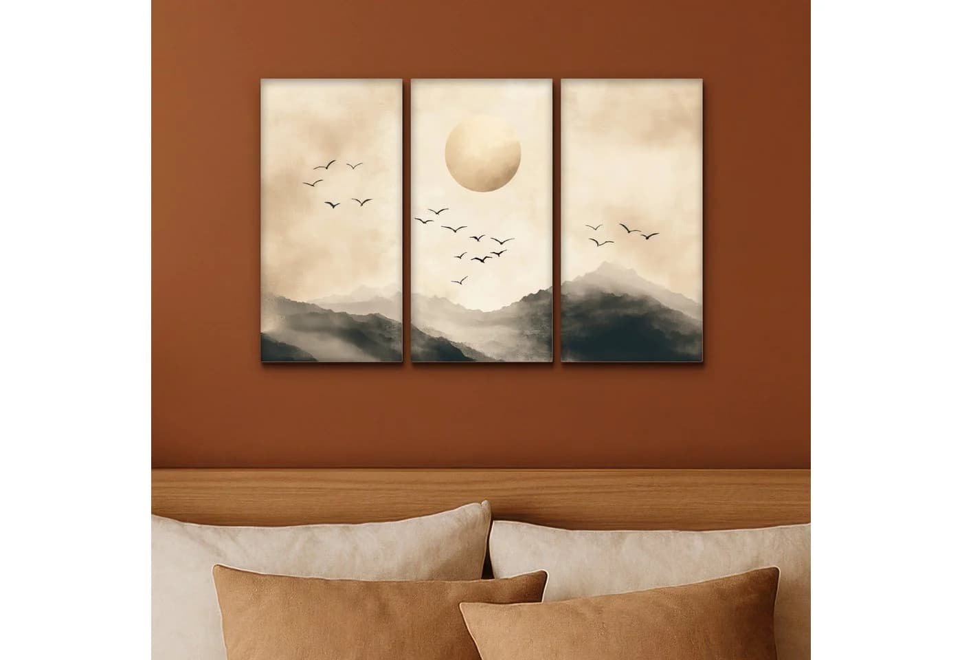 MuchoWow Leinwandbild Landschaft Japandi Beige Vögel Fotodruck 3er-Set Wandbilder 60x40 cm - Bild 4