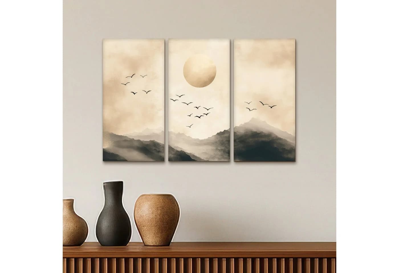 MuchoWow Leinwandbild Landschaft Japandi Beige Vögel Fotodruck 3er-Set Wandbilder 60x40 cm - Bild 5