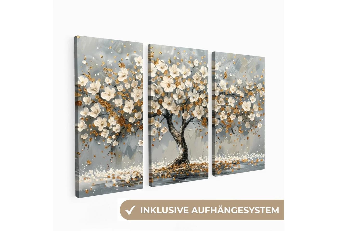 MuchoWow Leinwandbild Set Abstrakter Baum Weiß Gold 3-teilig - Bild 2