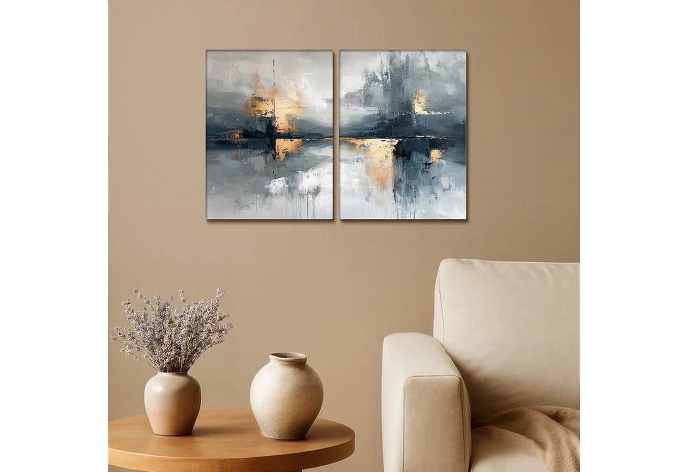 MuchoWow Leinwandbild Abstrakt Grau Gold Modern 2er Set