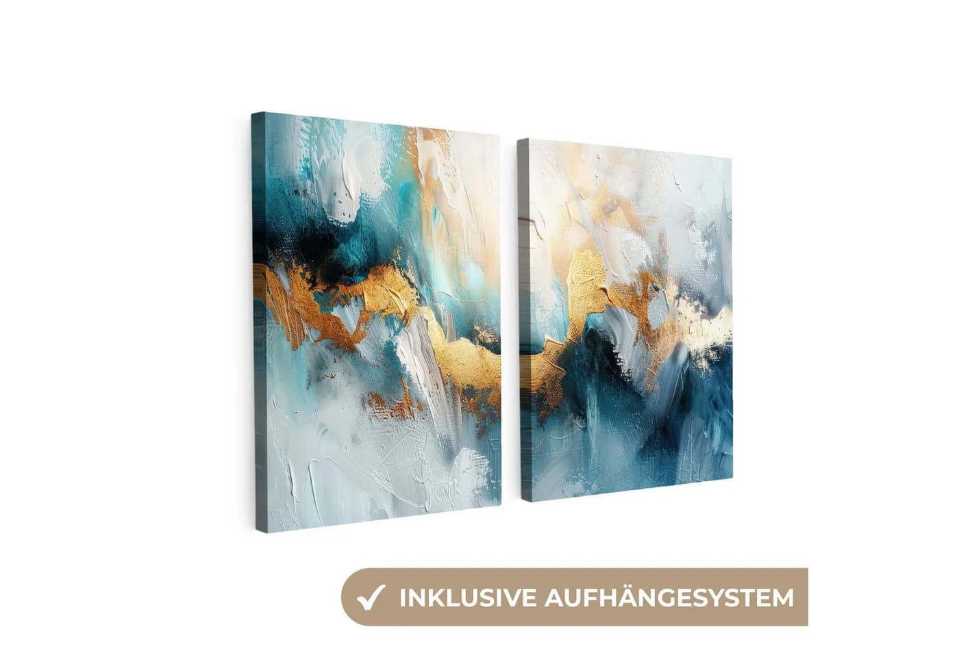 MuchoWow Leinwandbild Abstrakt Blau/Weiß/Gold 60x40 cm (2er Set) - Bild 2