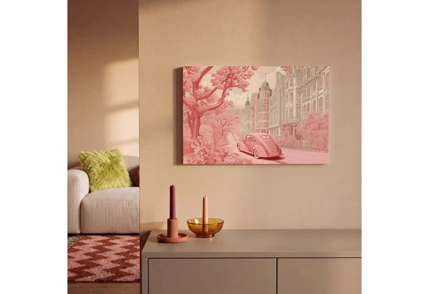 OneMillionCanvasses® Leinwandbild Rosa Auto in Romantischer Stadt