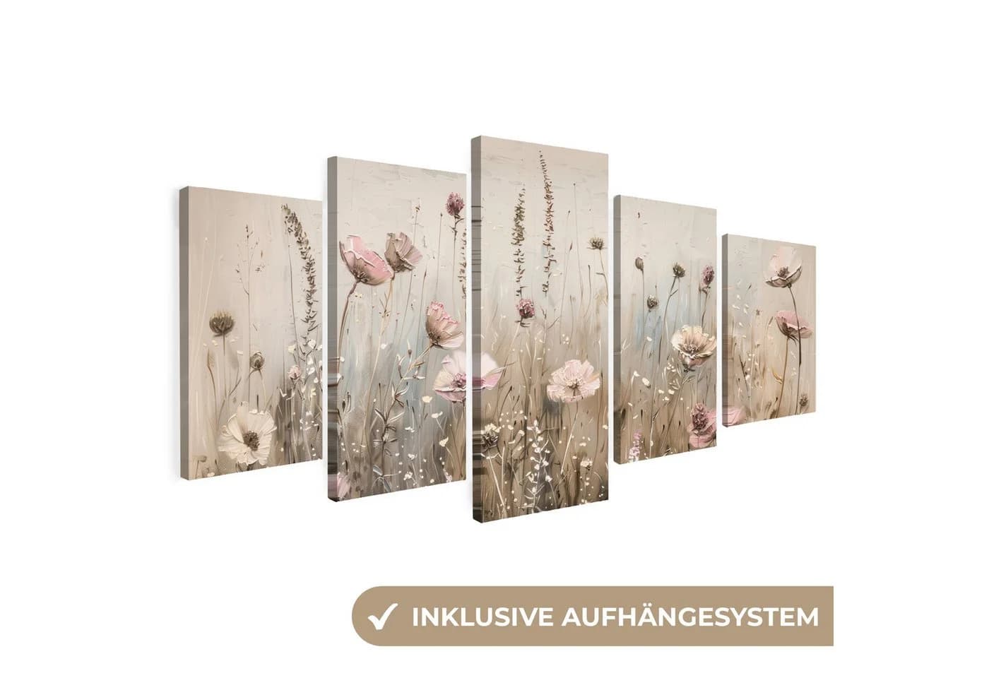 MuchoWow Leinwandbild Blumen Rosa Beige Modern 5-Teilig - Bild 2