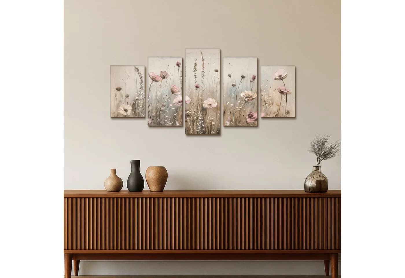 MuchoWow Leinwandbild Blumen Rosa Beige Modern 5-Teilig - Bild 5