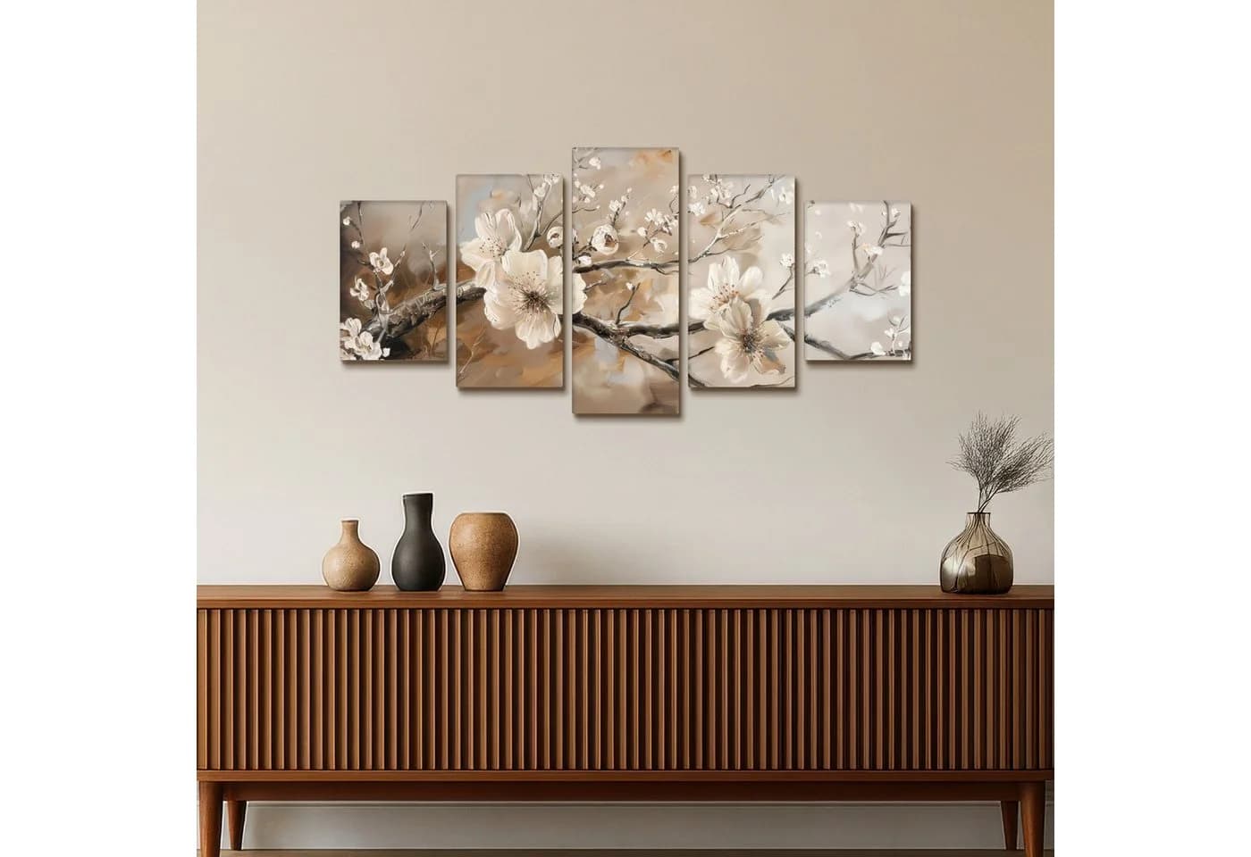 MuchoWow Leinwandbild 5er Set Beige Abstrakt Blumen - Bild 5