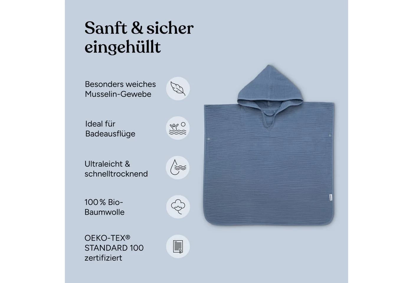 Ehrenkind Badeponcho Musselin Bio-Baumwolle 4-lagig Blau - Bild 3