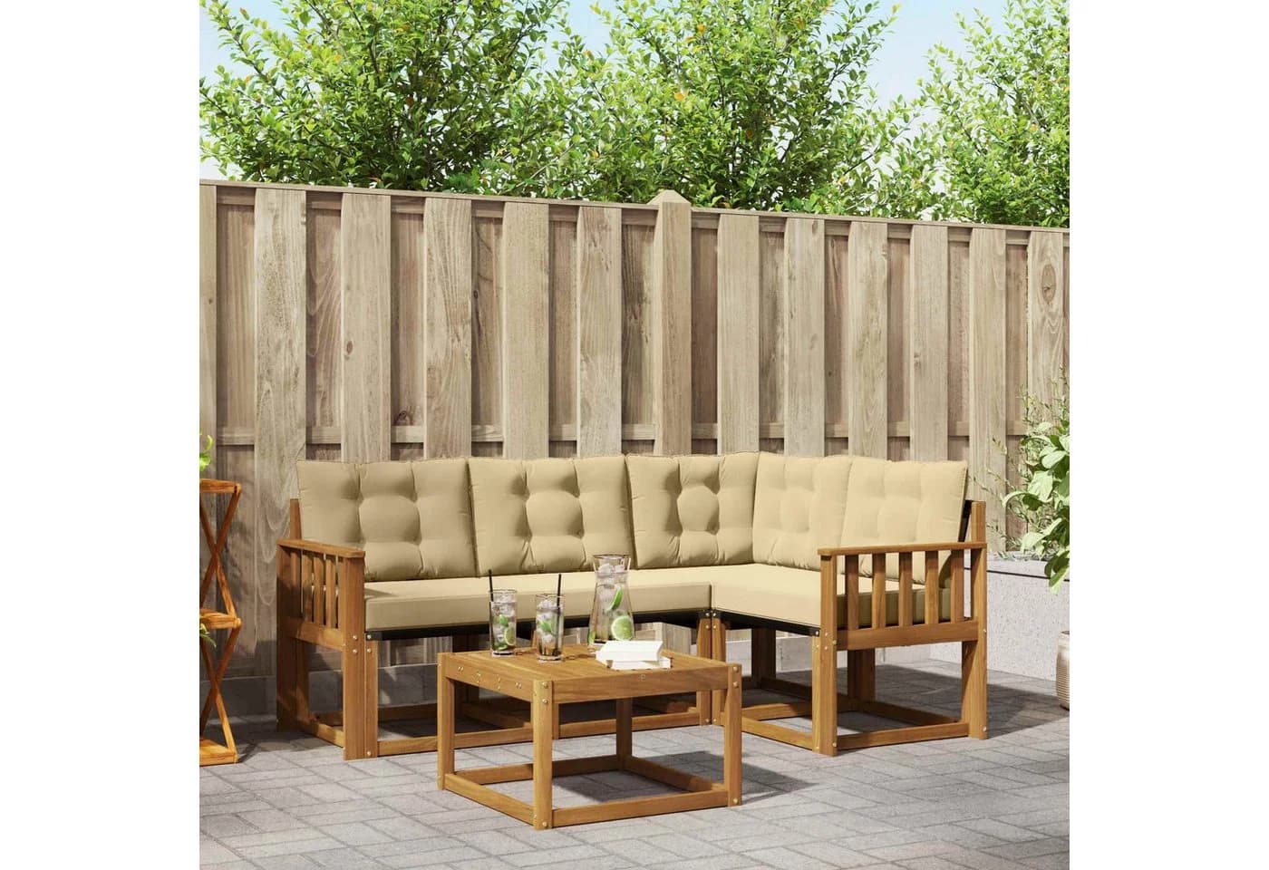 vidaXL Gartenlounge-Set 5-tlg. mit Kissen Beige/Natur Massivholz