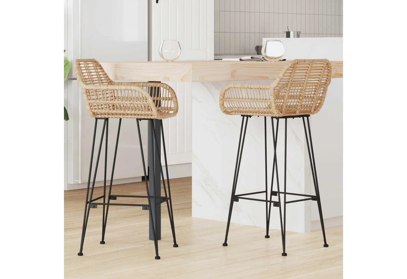 vidaXL Barhocker 2er-Set Natur Rattan Eisen