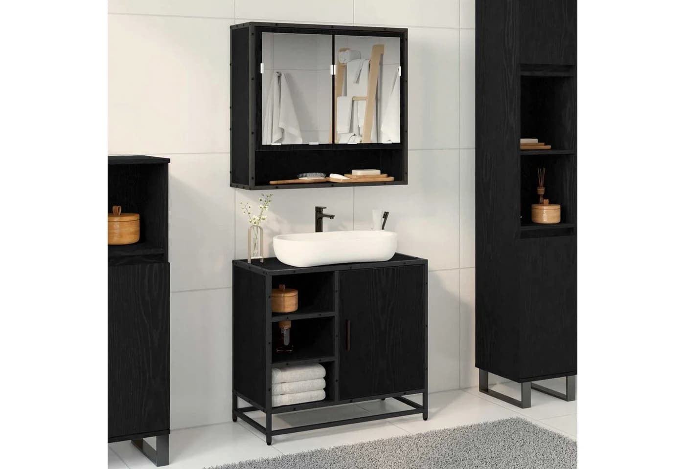 vidaXL Badezimmer-Schrank Schwarz Eichen-Optik mit 2 Regalen