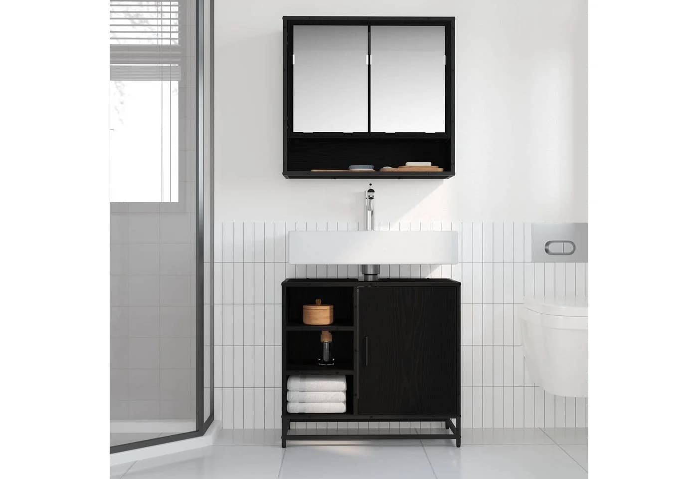 vidaXL Badezimmer-Schrank Schwarz Eichen-Optik mit 2 Regalen - Bild 4