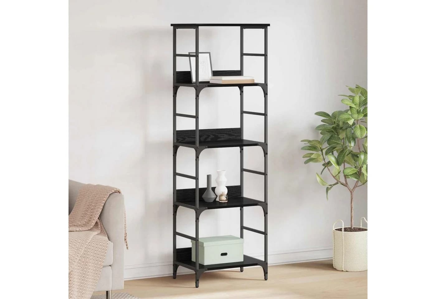 vidaXL Bücherregal 4 Ebenen Schwarz Holzwerkstoff Metall