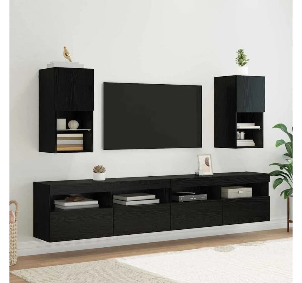 vidaXL Wandmontierter TV-Schrank 2er-Set Schwarz Eichen-Optik mit LED
