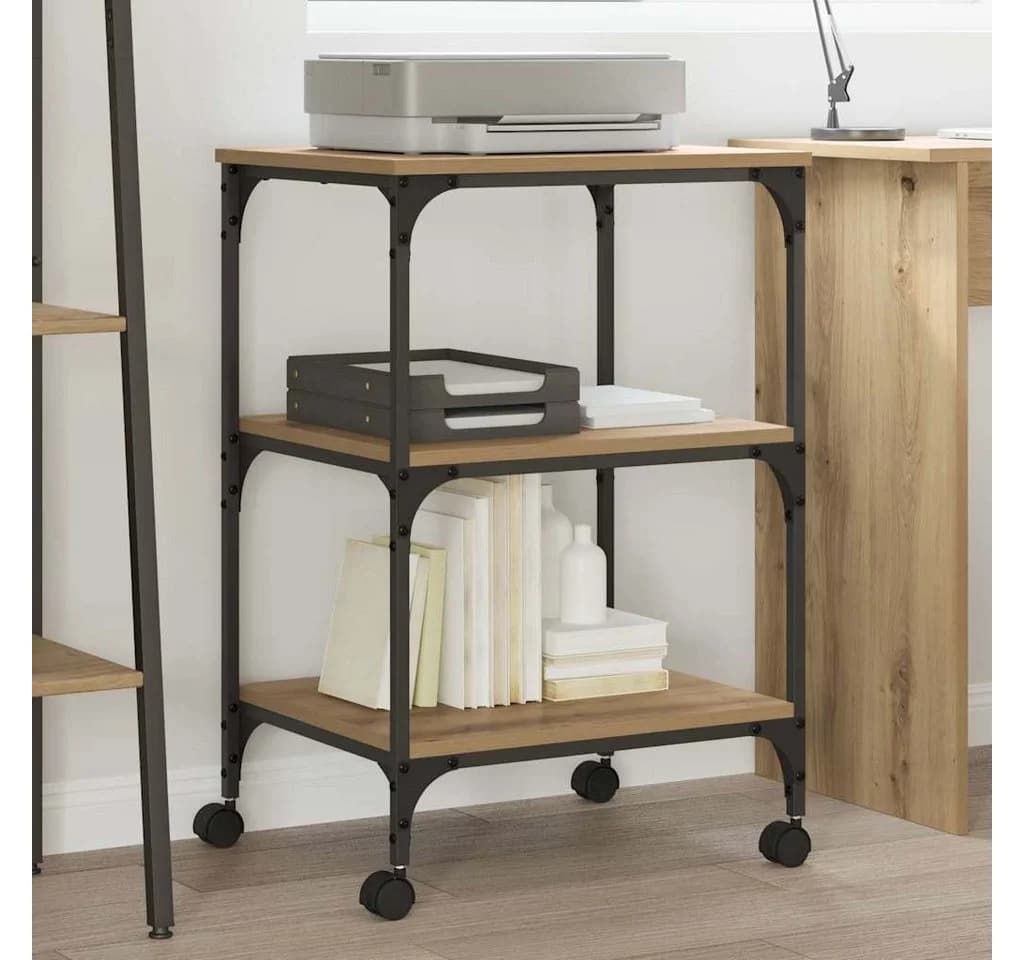 vidaXL Druckertisch Artisan-Eiche mit Rollen und 3 Ablagen