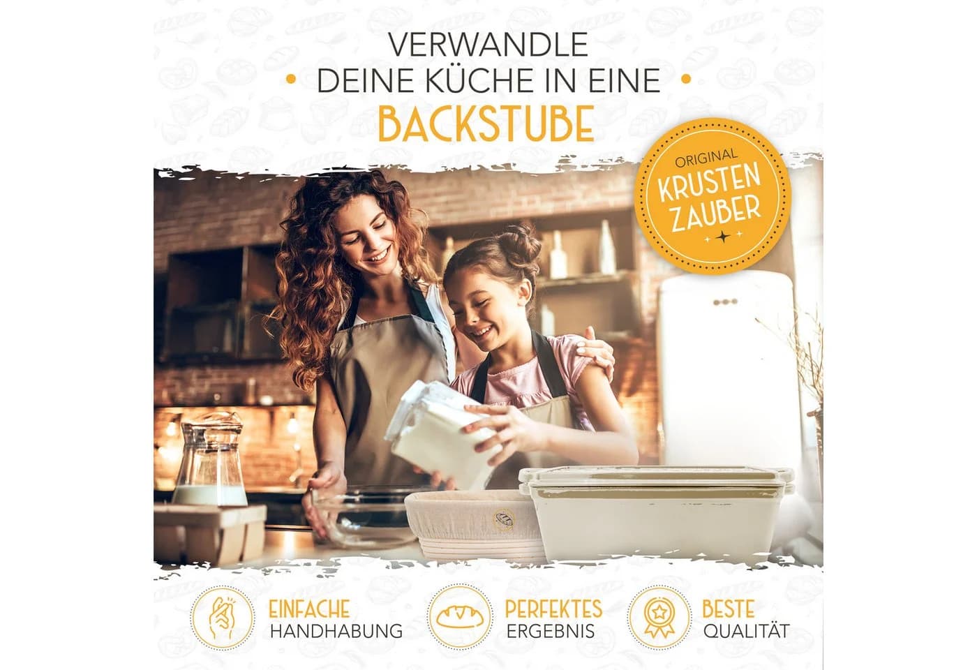 Krustenzauber Brotbackform Gusseisen Topf mit Deckel und Rattan-Gärkorb