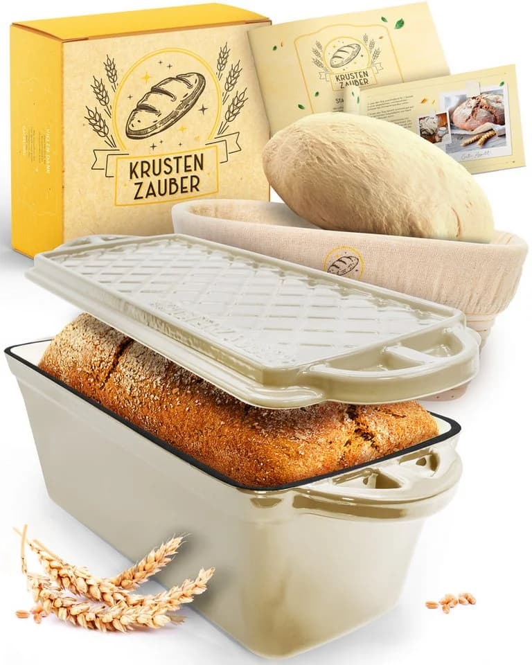 Krustenzauber Brotbackform Gusseisen Topf mit Deckel und Rattan-Gärkorb - Bild 2