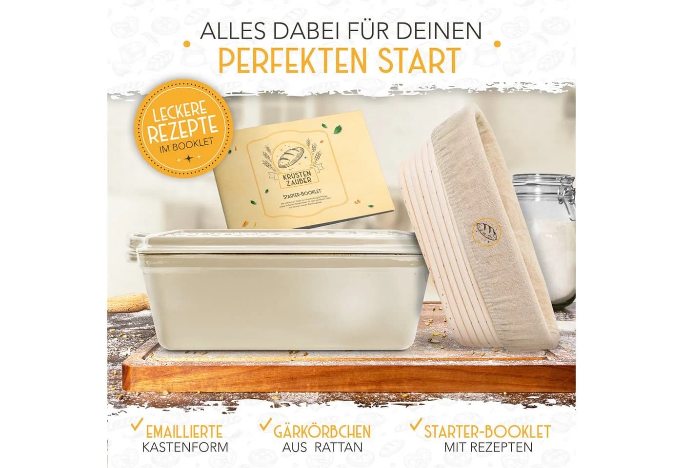 Krustenzauber Brotbackform Gusseisen Topf mit Deckel und Rattan-Gärkorb - Bild 3