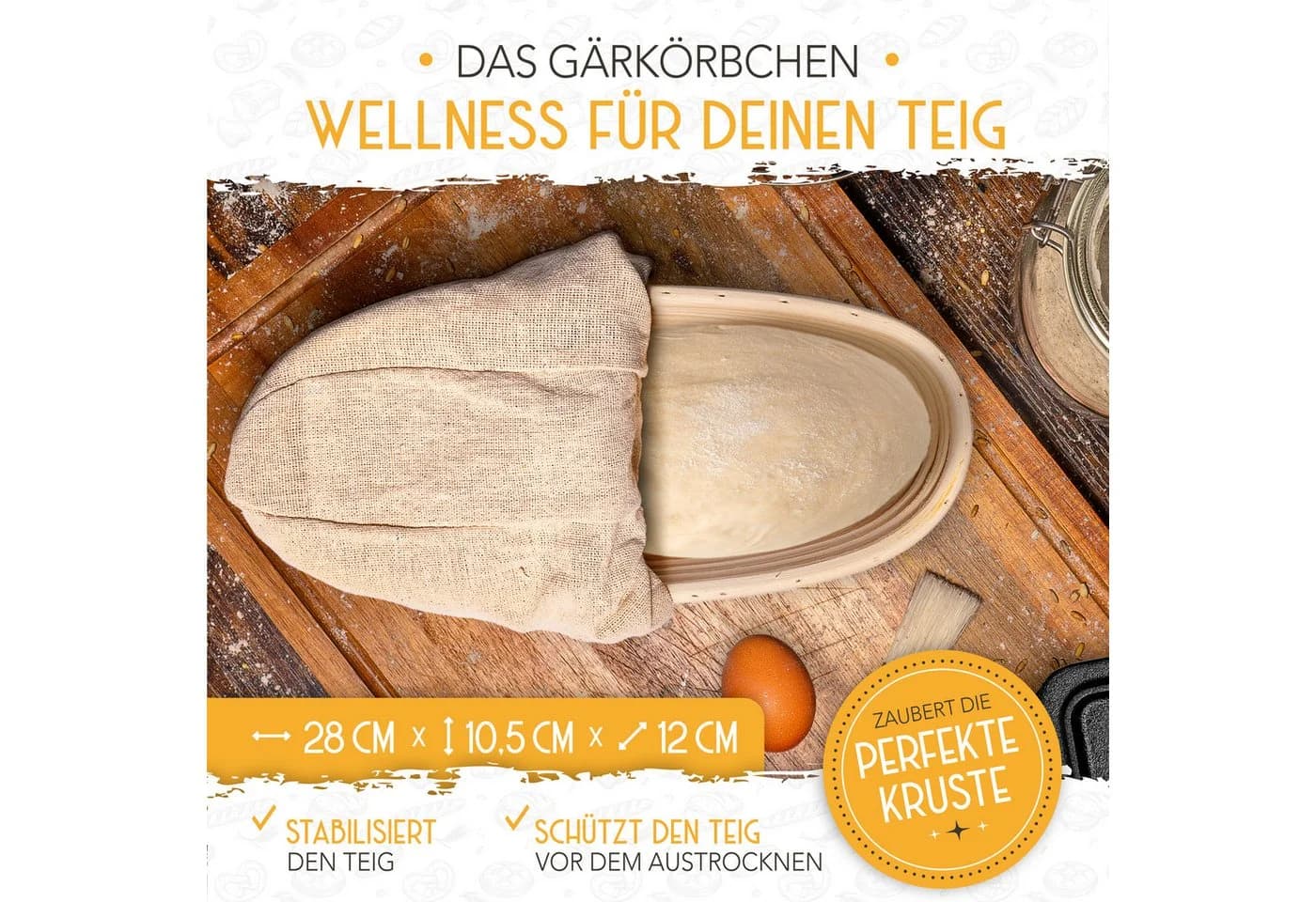 Krustenzauber Brotbackform Gusseisen Topf mit Deckel und Rattan-Gärkorb - Bild 4