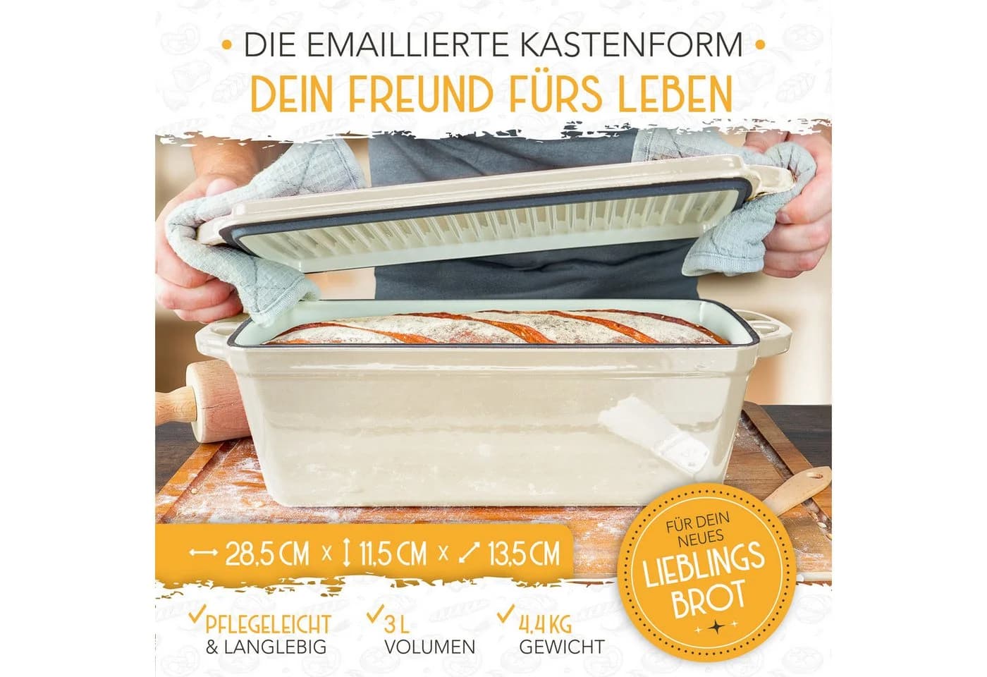 Krustenzauber Brotbackform Gusseisen Topf mit Deckel und Rattan-Gärkorb - Bild 5
