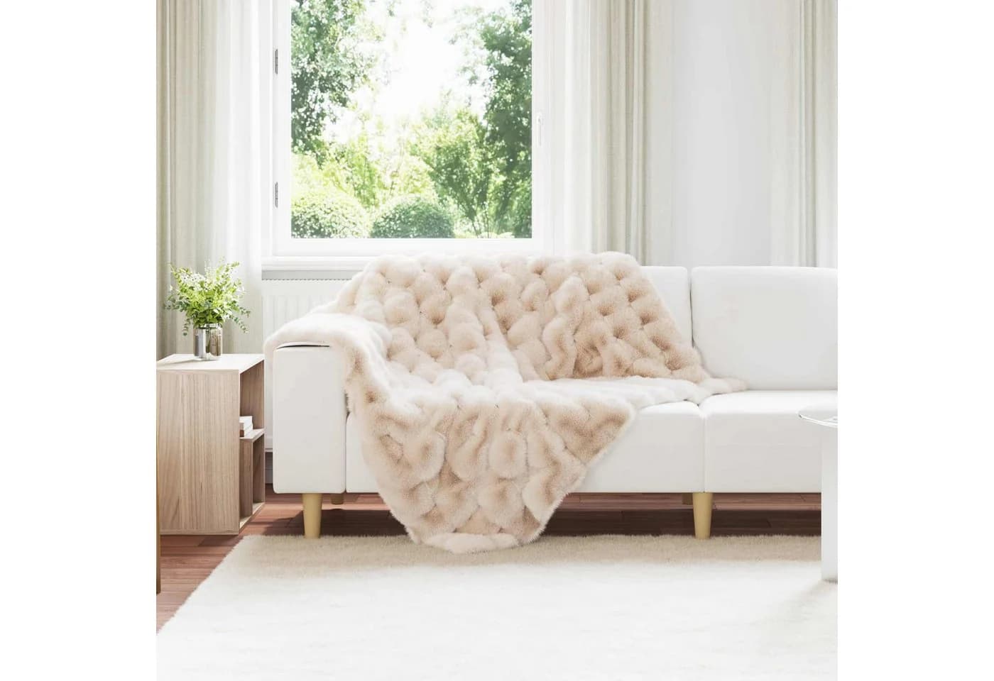 vidaXL Bettüberwurf Rutschfest Kunstkaninchenfell Beige