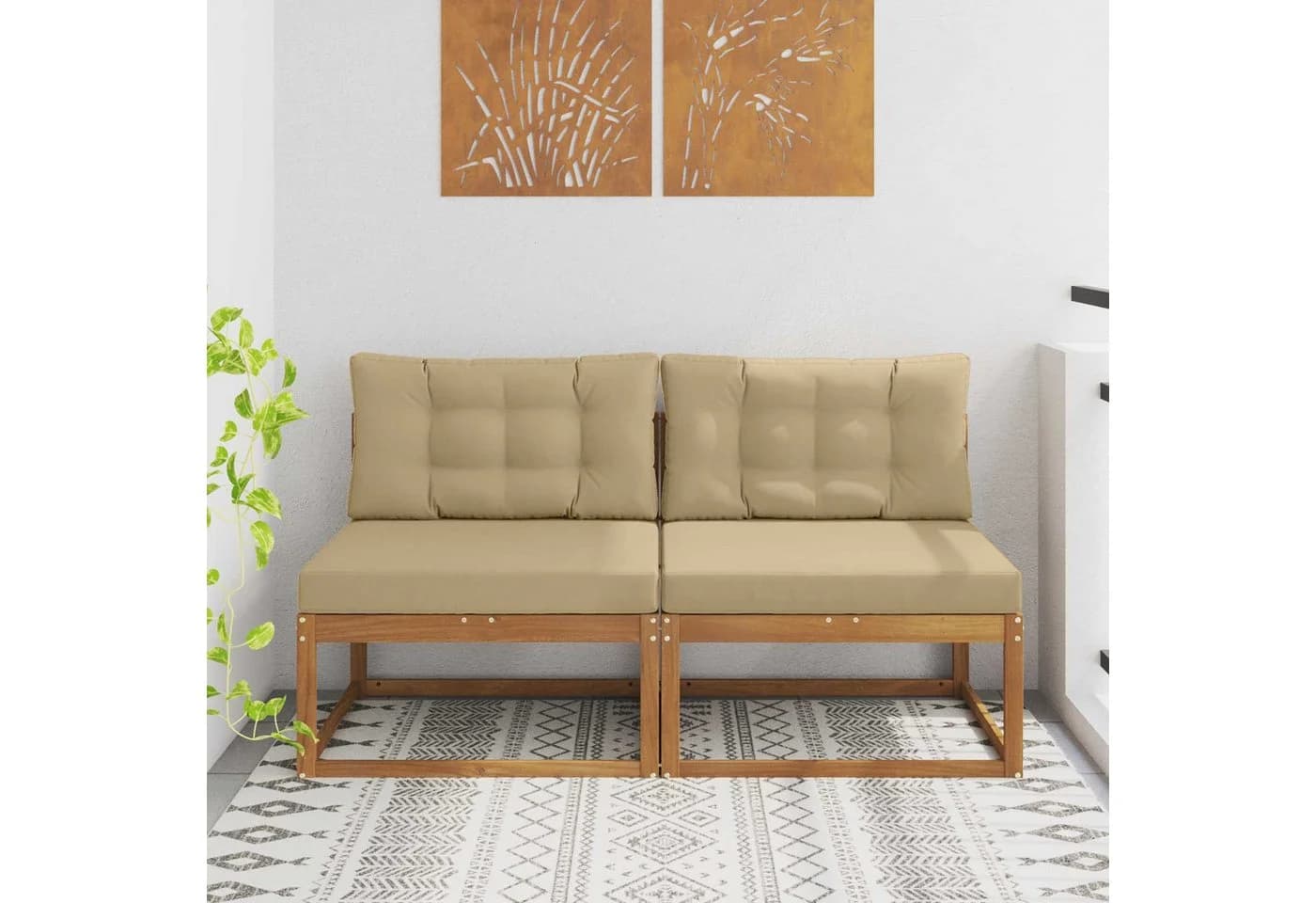 vidaXL Sofaelement Outdoor Mittelsofa mit Kissen 2 Stück Natur