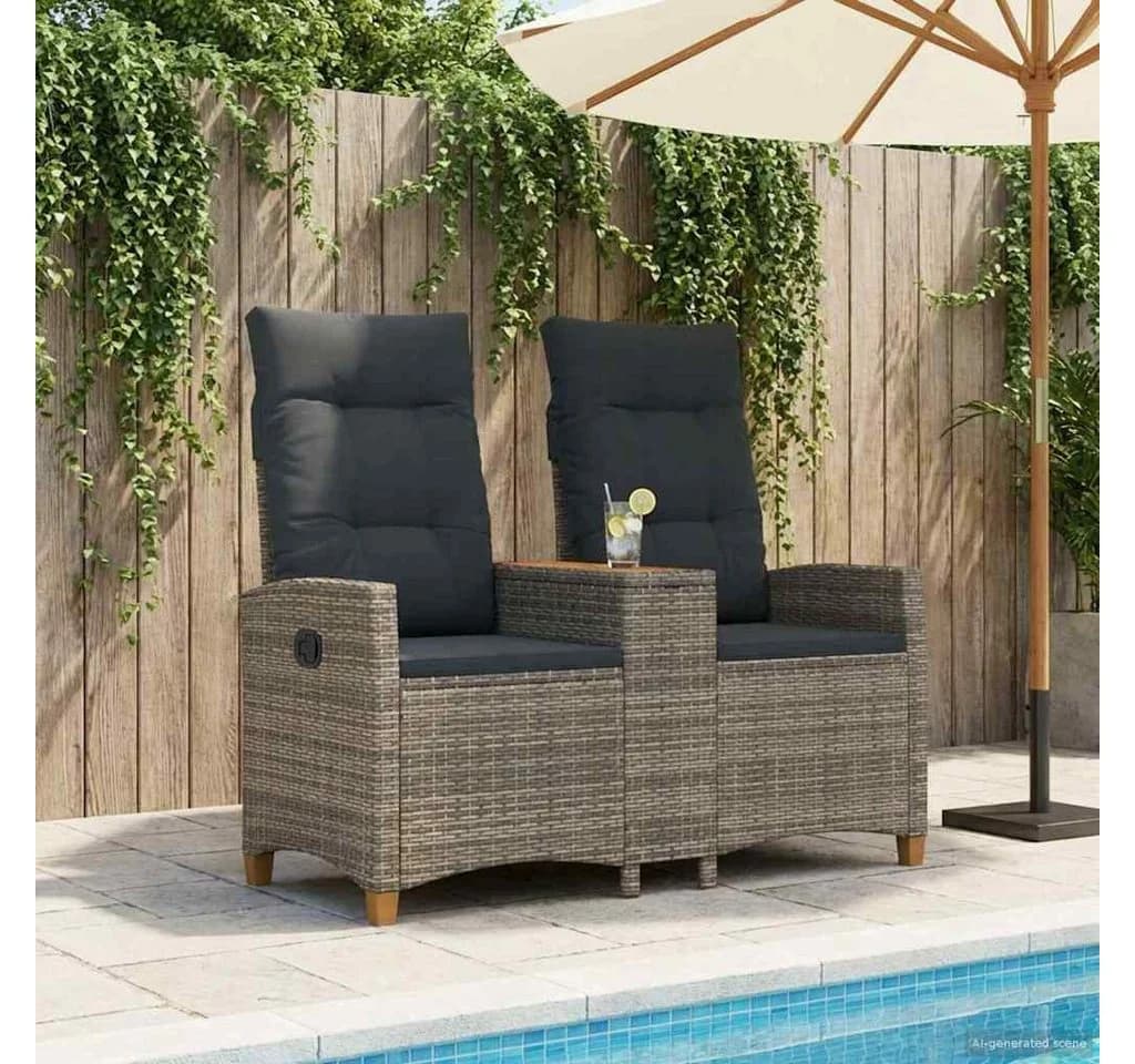 vidaXL Gartenbank Liegebank mit Tisch Grau Poly-Rattan