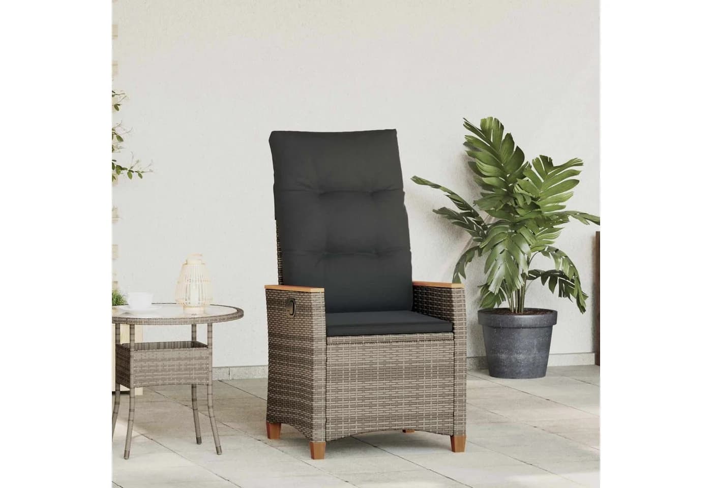 vidaXL Verstellbarer Gartenstuhl Grau Poly-Rattan mit Kissen