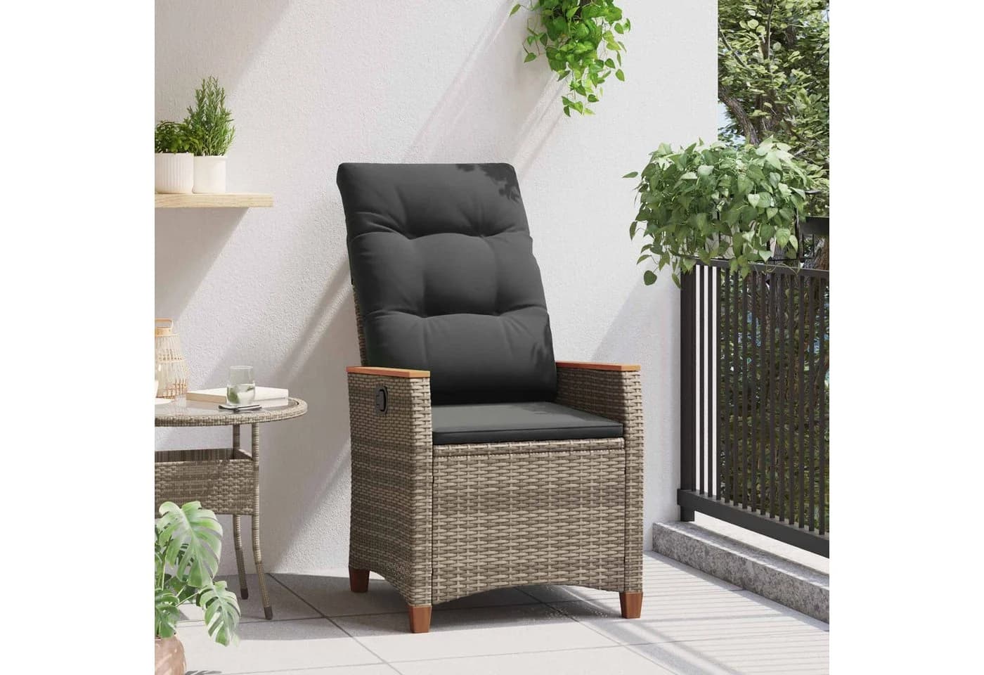 vidaXL Verstellbarer Gartenstuhl Grau Poly-Rattan mit Kissen - Bild 3