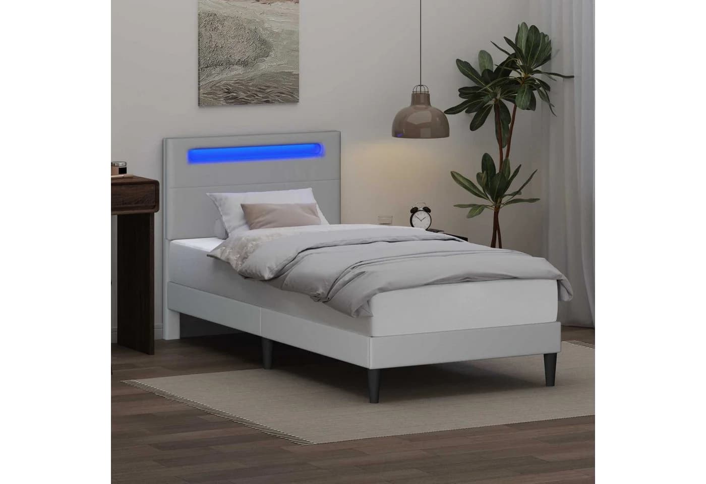 vidaXL Bettrahmen mit LED-Lichtleisten Weiß Kunstleder - Bild 4