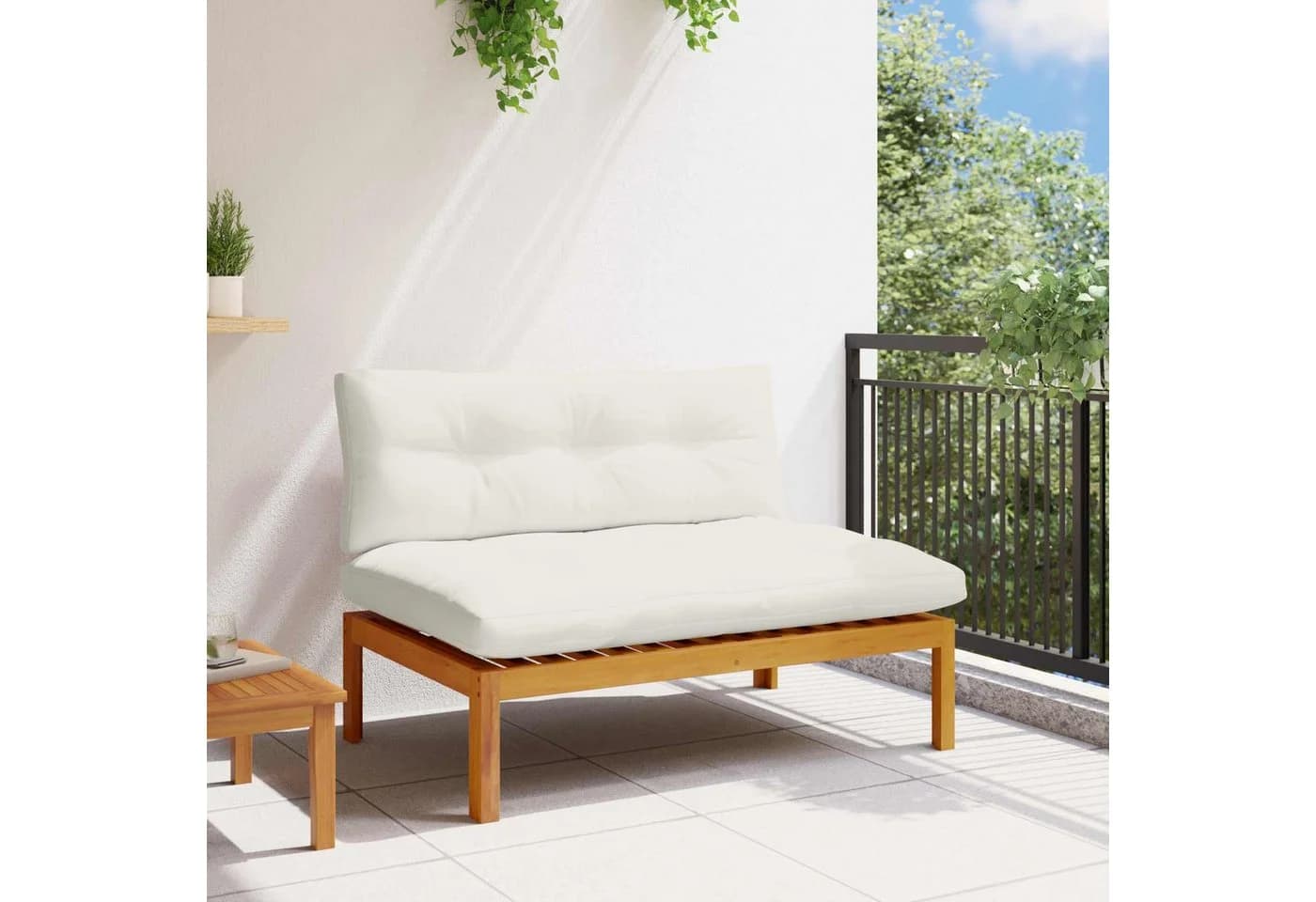 vidaXL Garten Mittelssofa Akazienholz Braun/Weiß mit Kissen