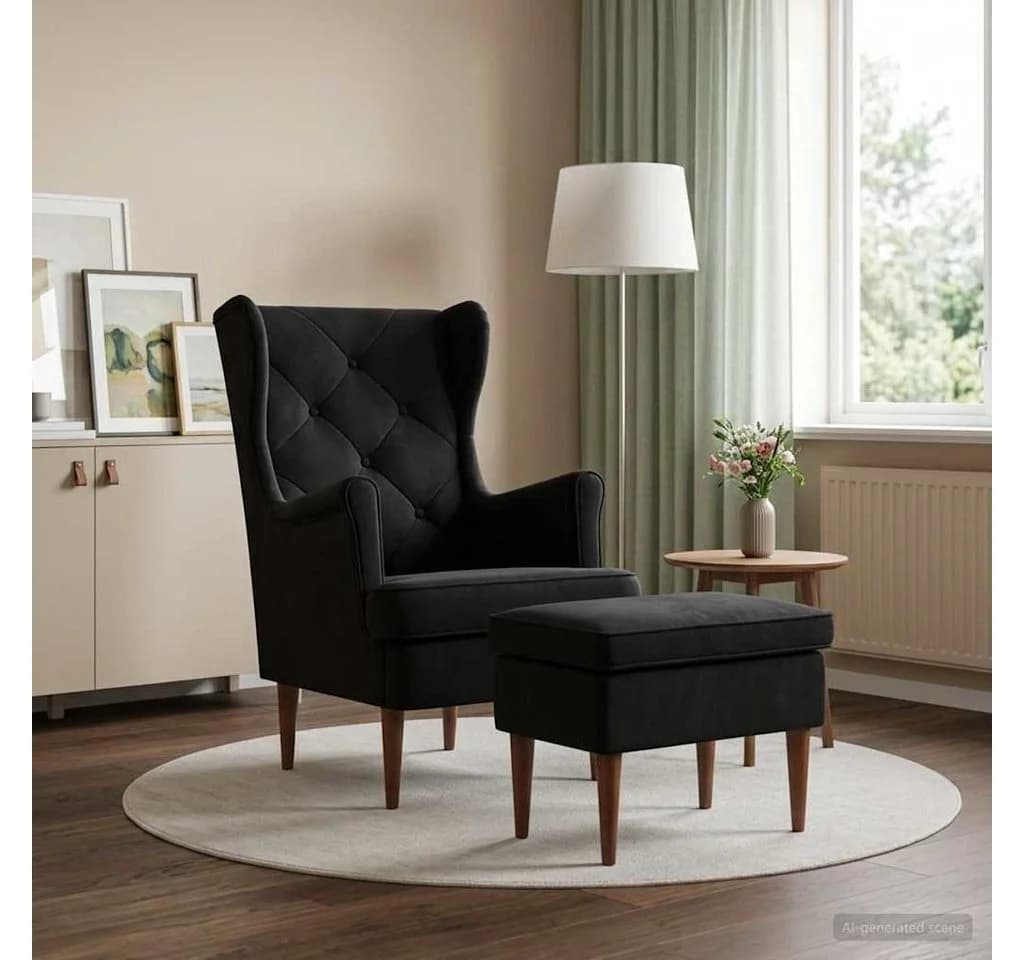 vidaXL Gartenlounge-Set Sessel mit Fußhocker Schwarz Samt 2-tlg. - Bild 3