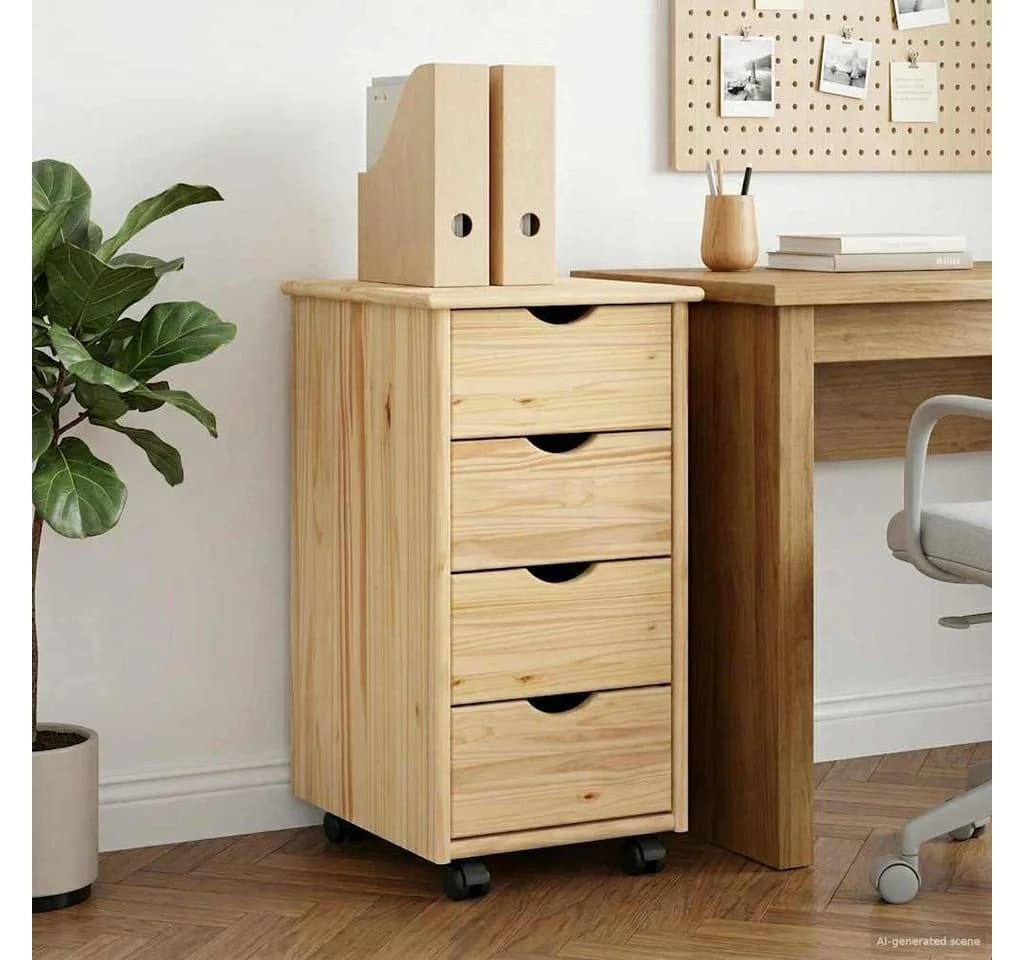 vidaXL Rollschrank 4 Schubladen Massivholz Kiefer Braun