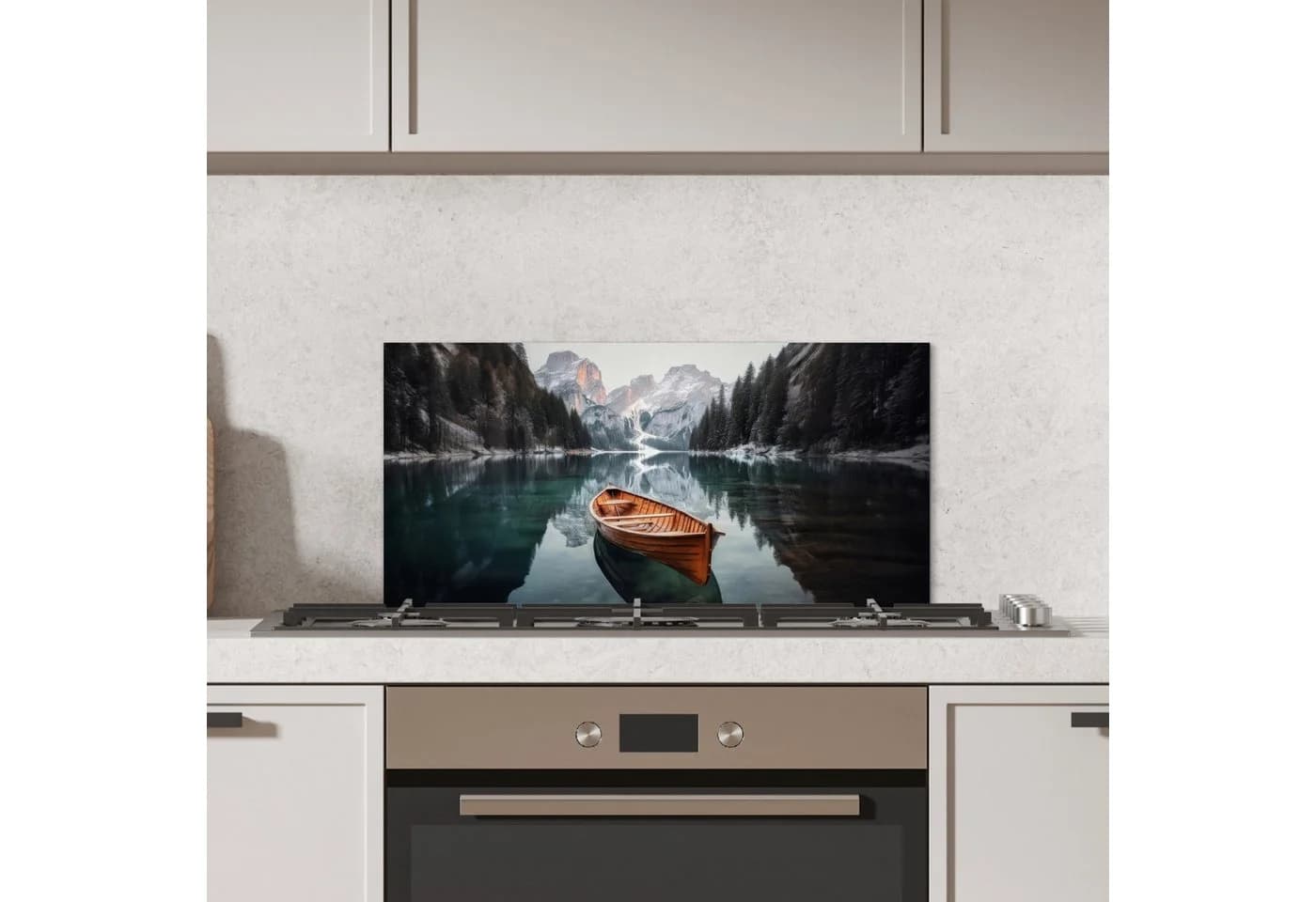 KitchenYeah Küchenrückwand Spritzschutz Boot Berge Natur Wasser Aluminium