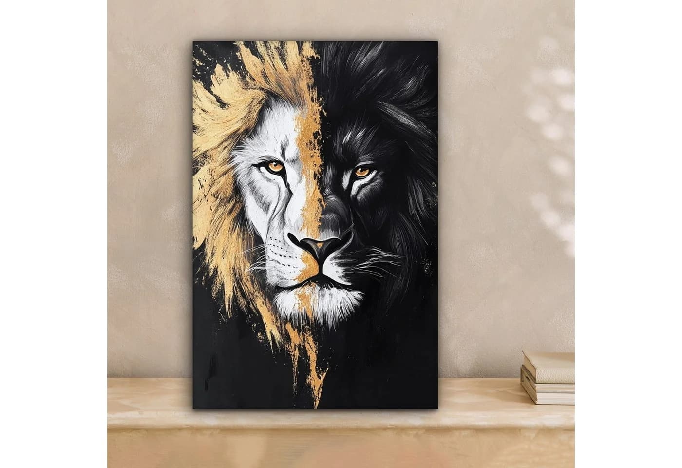 OneMillionCanvasses® Leinwandbild Löwe Split Schwarz Weiß Gold