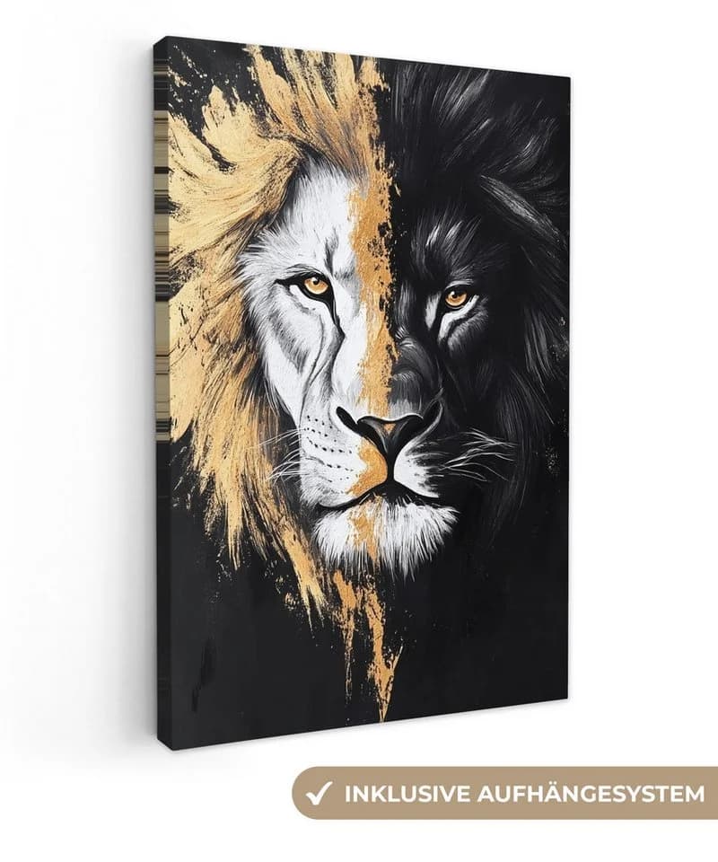 OneMillionCanvasses® Leinwandbild Löwe Split Schwarz Weiß Gold - Bild 2