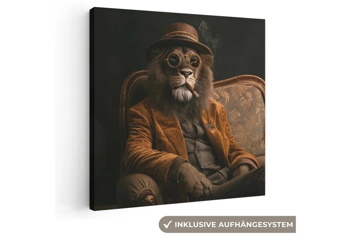 OneMillionCanvasses® Leinwandbild Löwe Brille Bank Hut Fotodruck Wandbild Deko - Bild 2