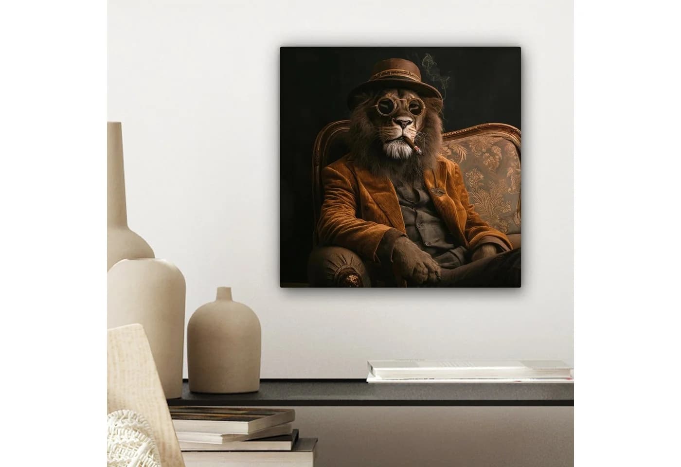 OneMillionCanvasses® Leinwandbild Löwe Brille Bank Hut Fotodruck Wandbild Deko - Bild 4