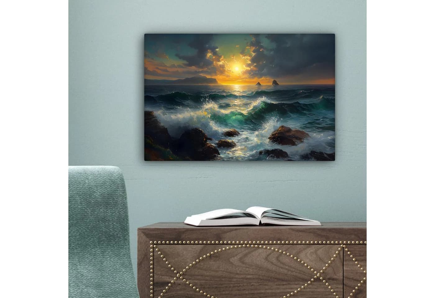 OneMillionCanvasses® Leinwandbild Meer Sonne Wellen Felsen Leinwand - Bild 5