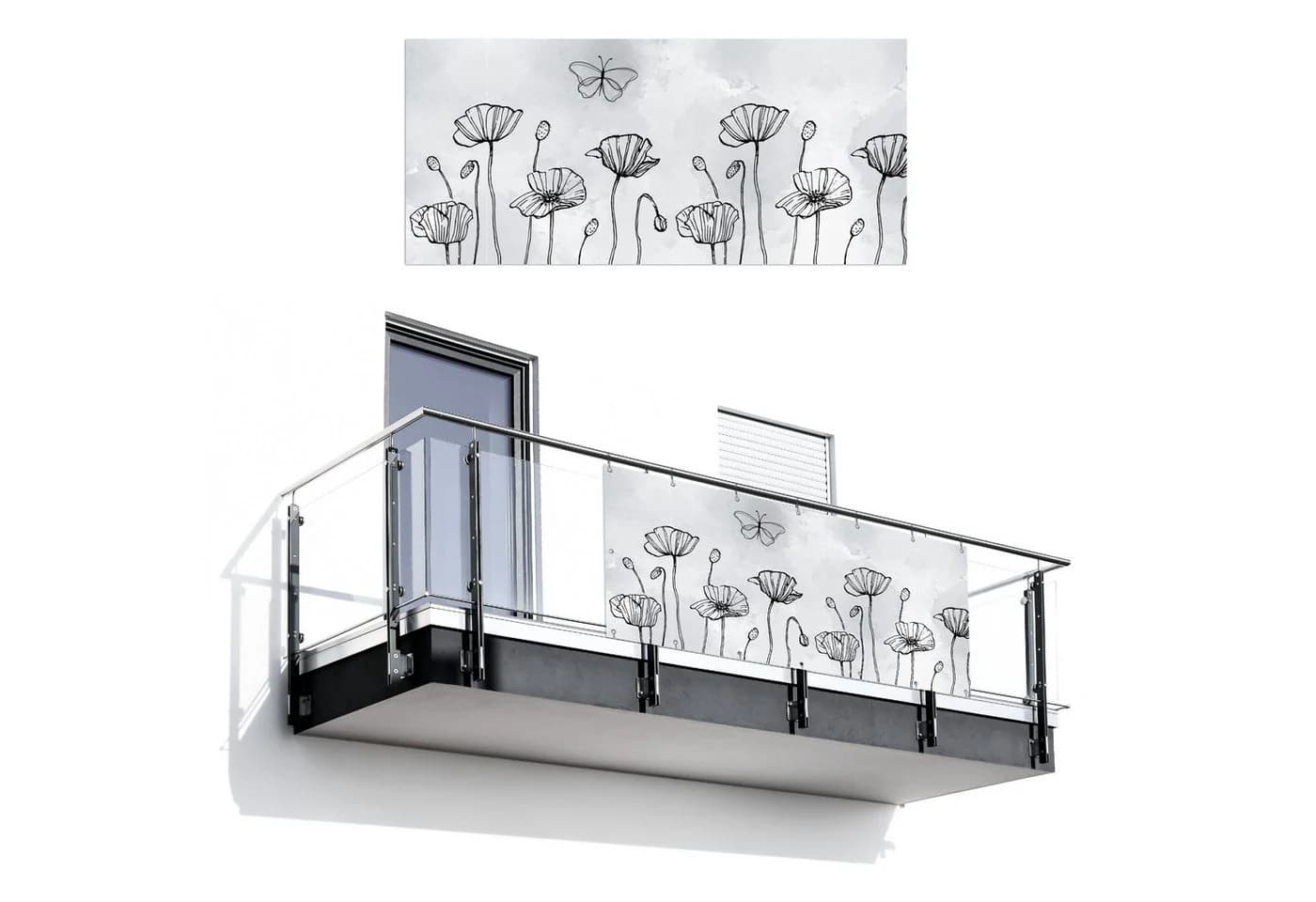 MuchoWow Balkonsichtschutz Grau Mohnblumen Schmetterlinge PVC - Bild 2