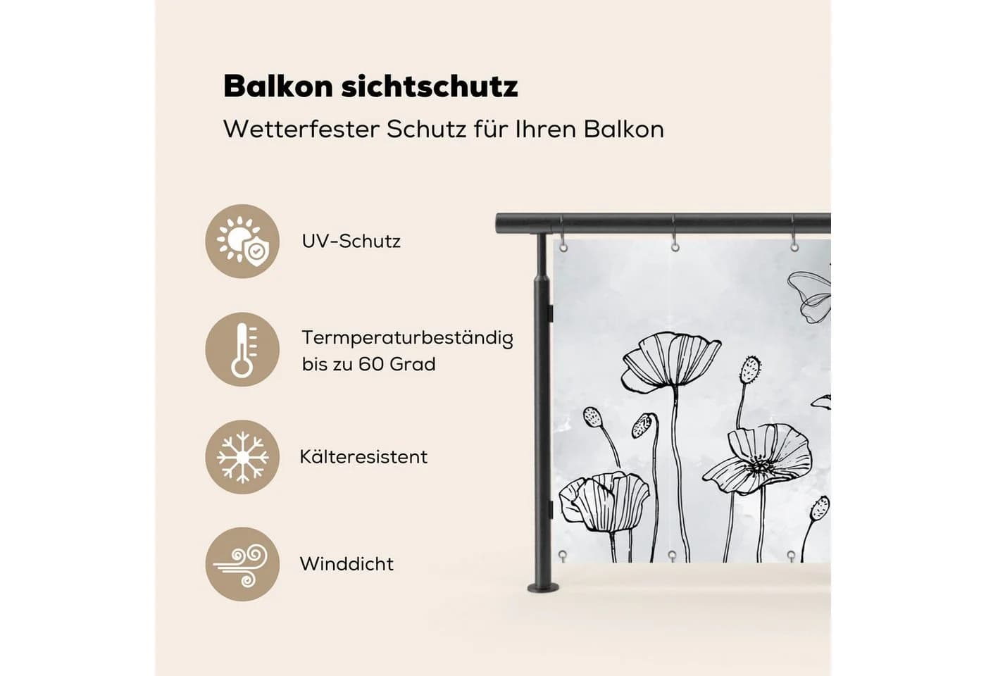 MuchoWow Balkonsichtschutz Grau Mohnblumen Schmetterlinge PVC - Bild 3